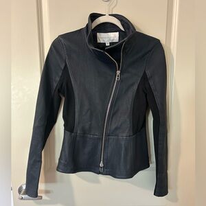 Veronica Beard size 4 Navy Blue Lamb Leather Jacket Marquee Peplum Stretch